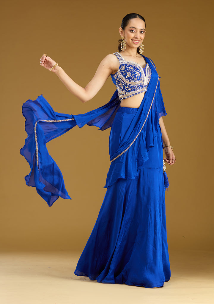 Royal Blue Satin Cutdana Saree With Matching Blouse Piece