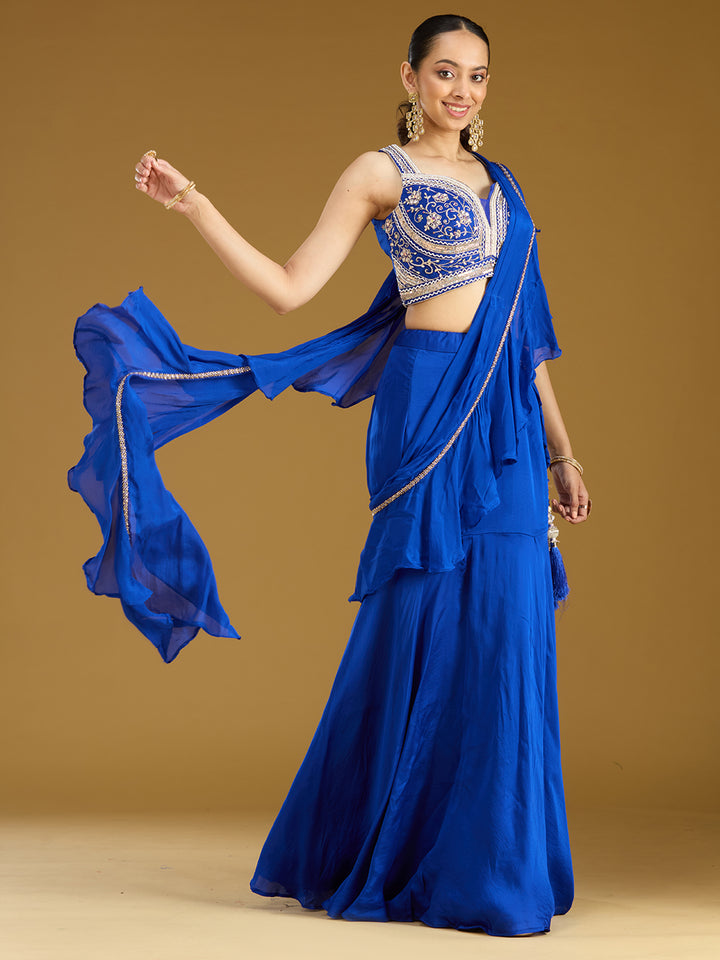 Royal Blue Cutdana Satin Readymade Saree