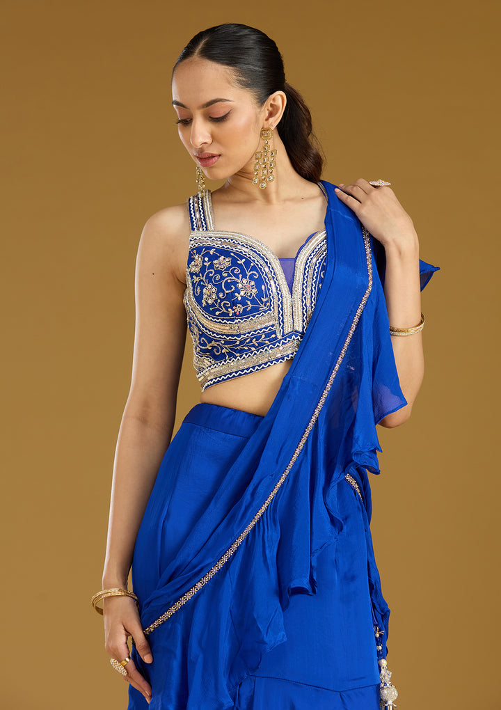 Royal Blue Satin Cutdana Saree With Matching Blouse Piece