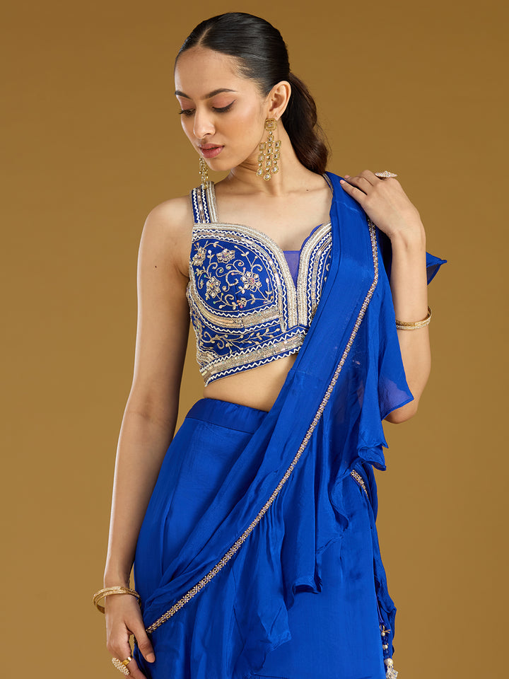 Royal Blue Cutdana Satin Readymade Saree