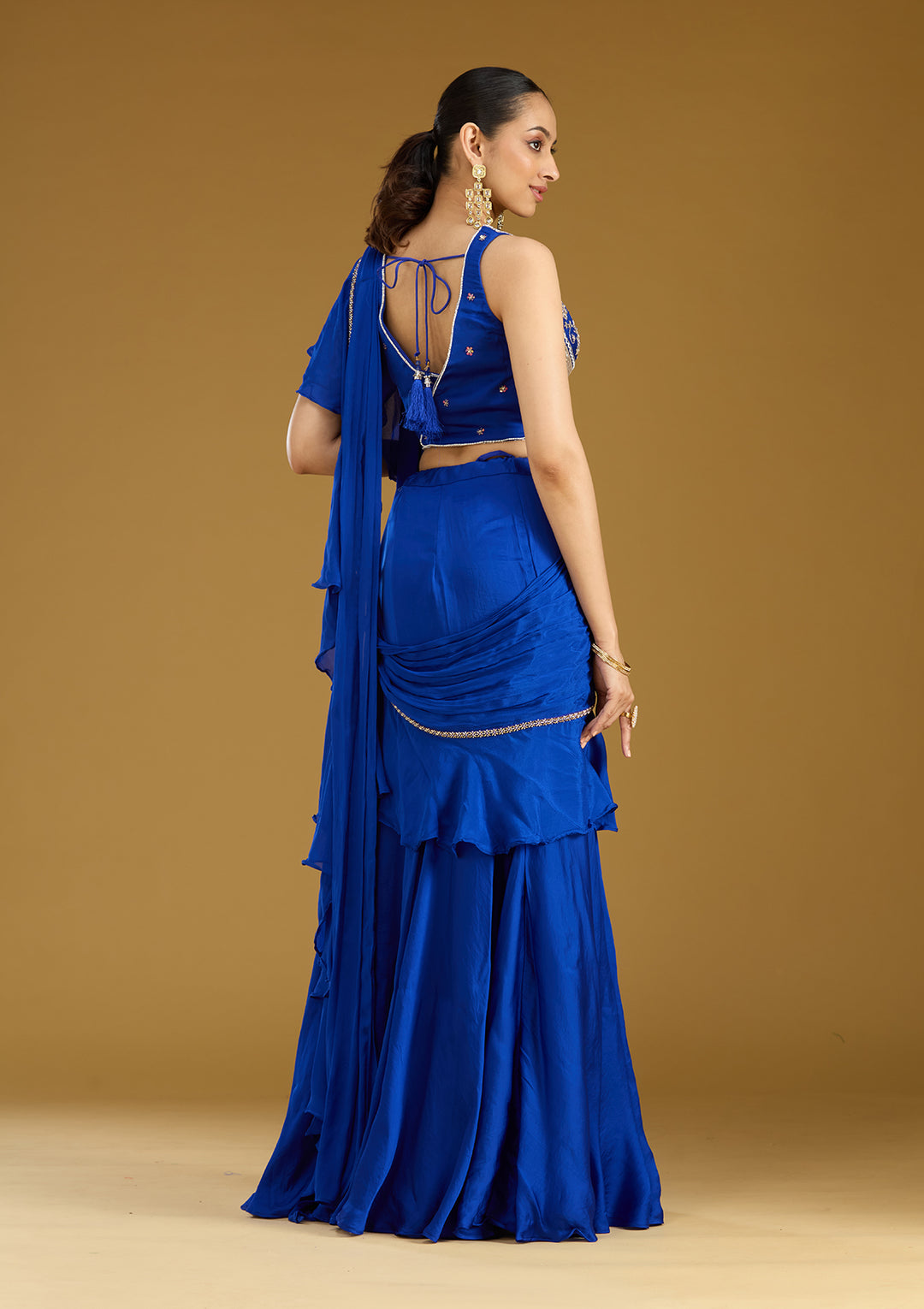 Royal Blue Satin Cutdana Saree With Matching Blouse Piece