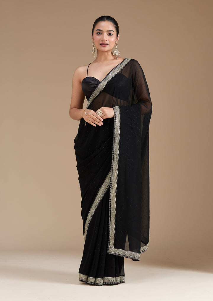 Black Georgette Silver Zariwork Saree With Matching Blouse Piece