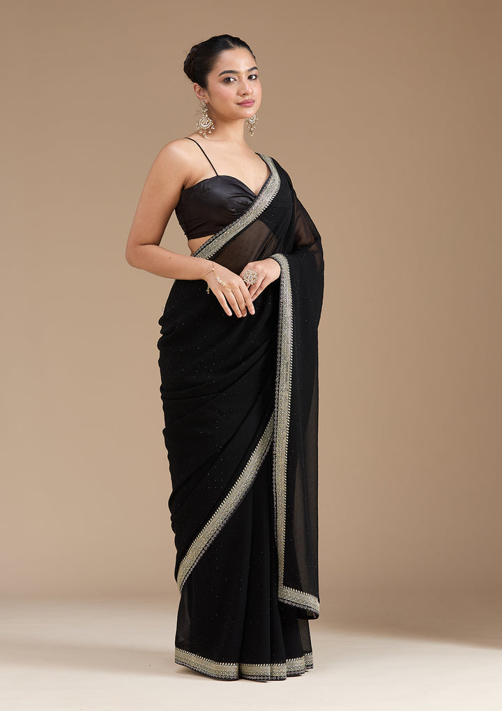 Black Georgette Silver Zariwork Saree With Matching Blouse Piece