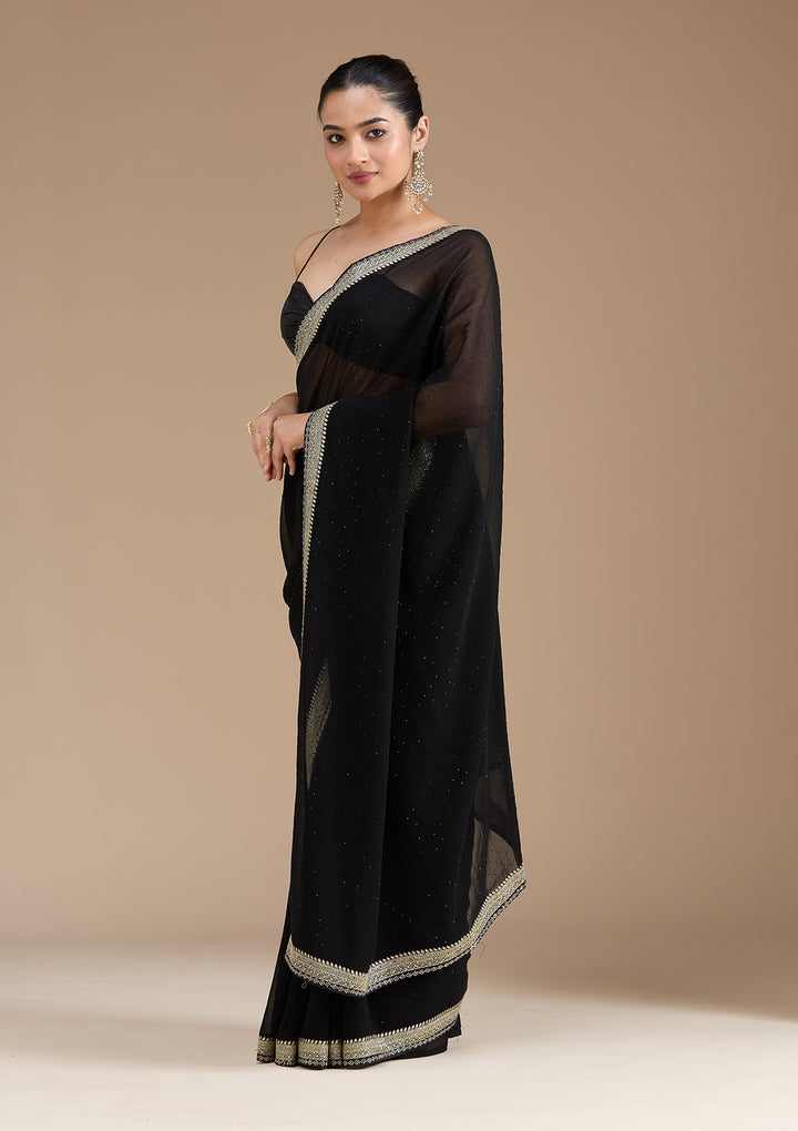 Black Georgette Silver Zariwork Saree With Matching Blouse Piece