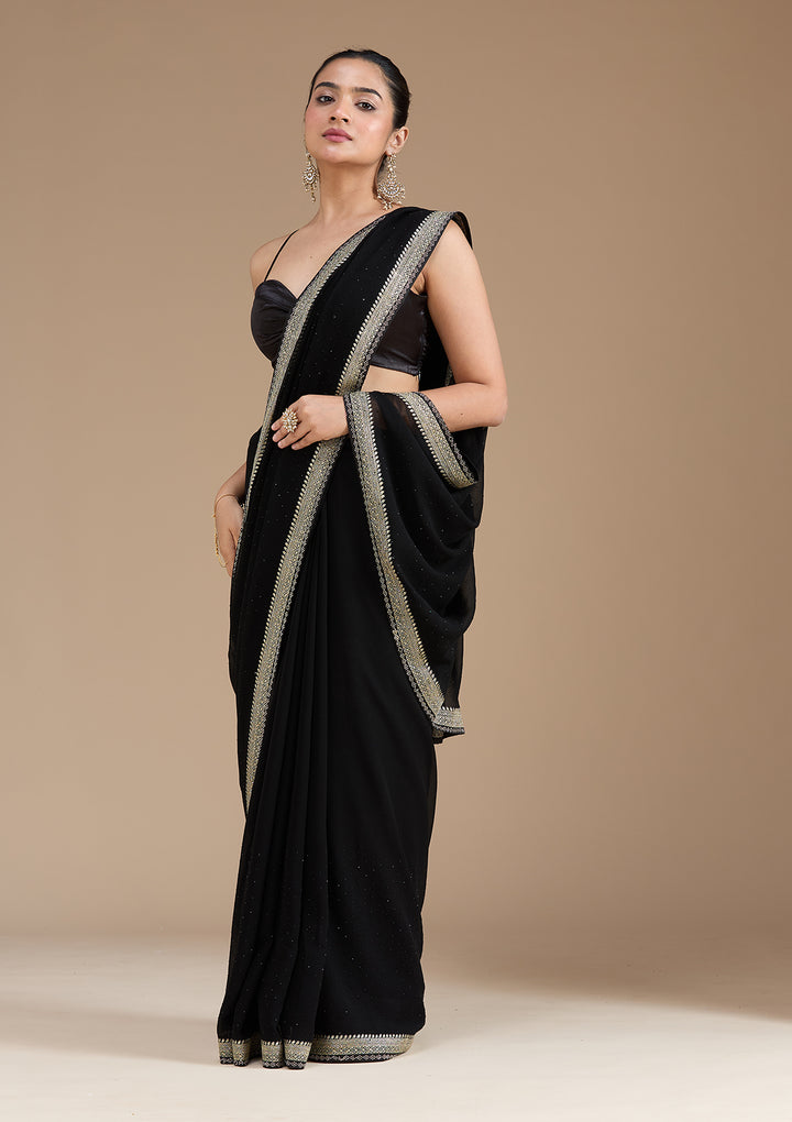 Black Georgette Silver Zariwork Saree With Matching Blouse Piece