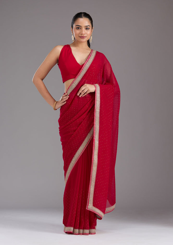 Rani Pink Georgette Silver Zariwork Saree With Matching Blouse Piece