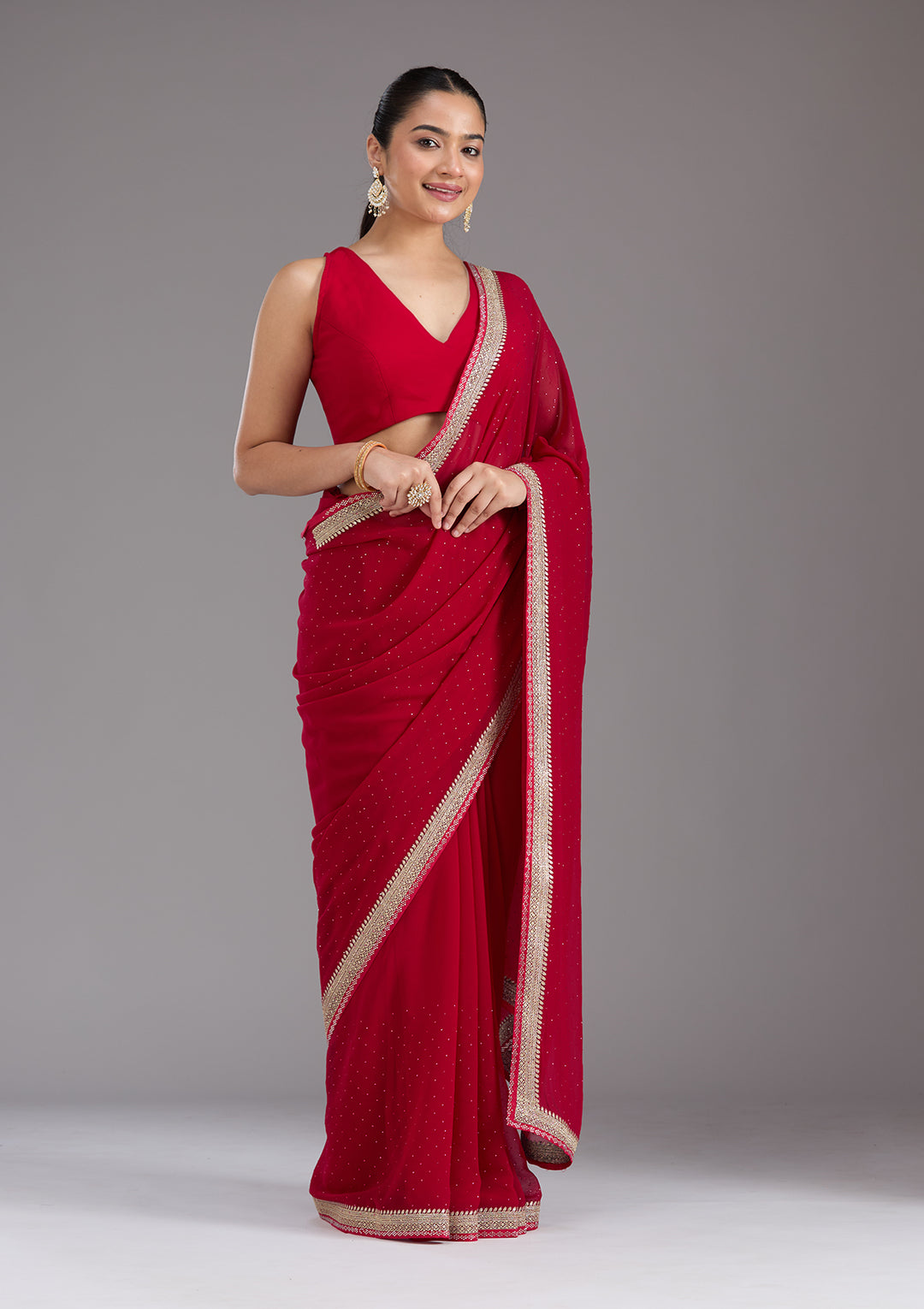 Rani Pink Georgette Silver Zariwork Saree With Matching Blouse Piece