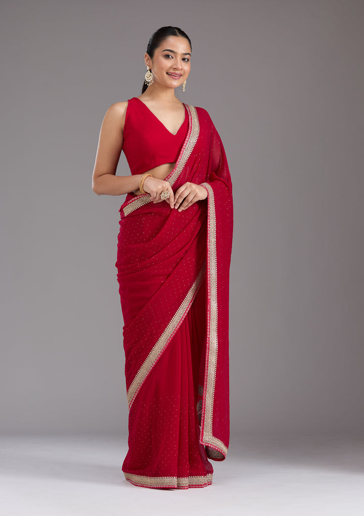 Rani Pink Georgette Silver Zariwork Saree With Matching Blouse Piece