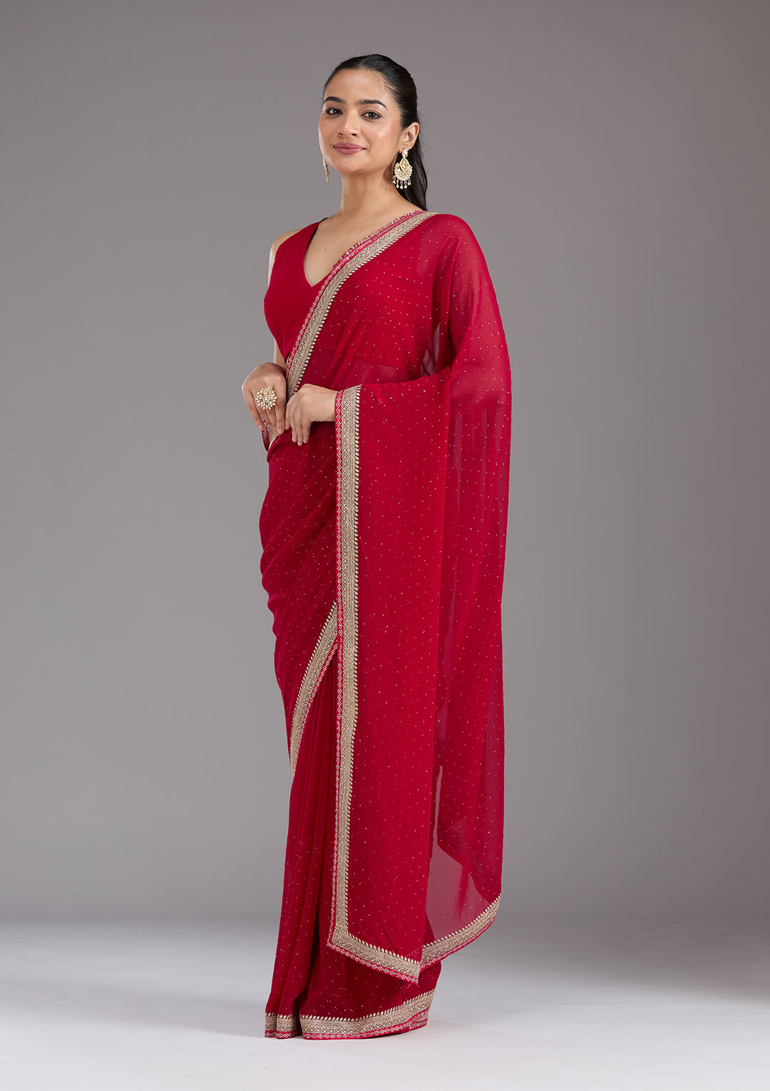 Rani Pink Georgette Silver Zariwork Saree With Matching Blouse Piece