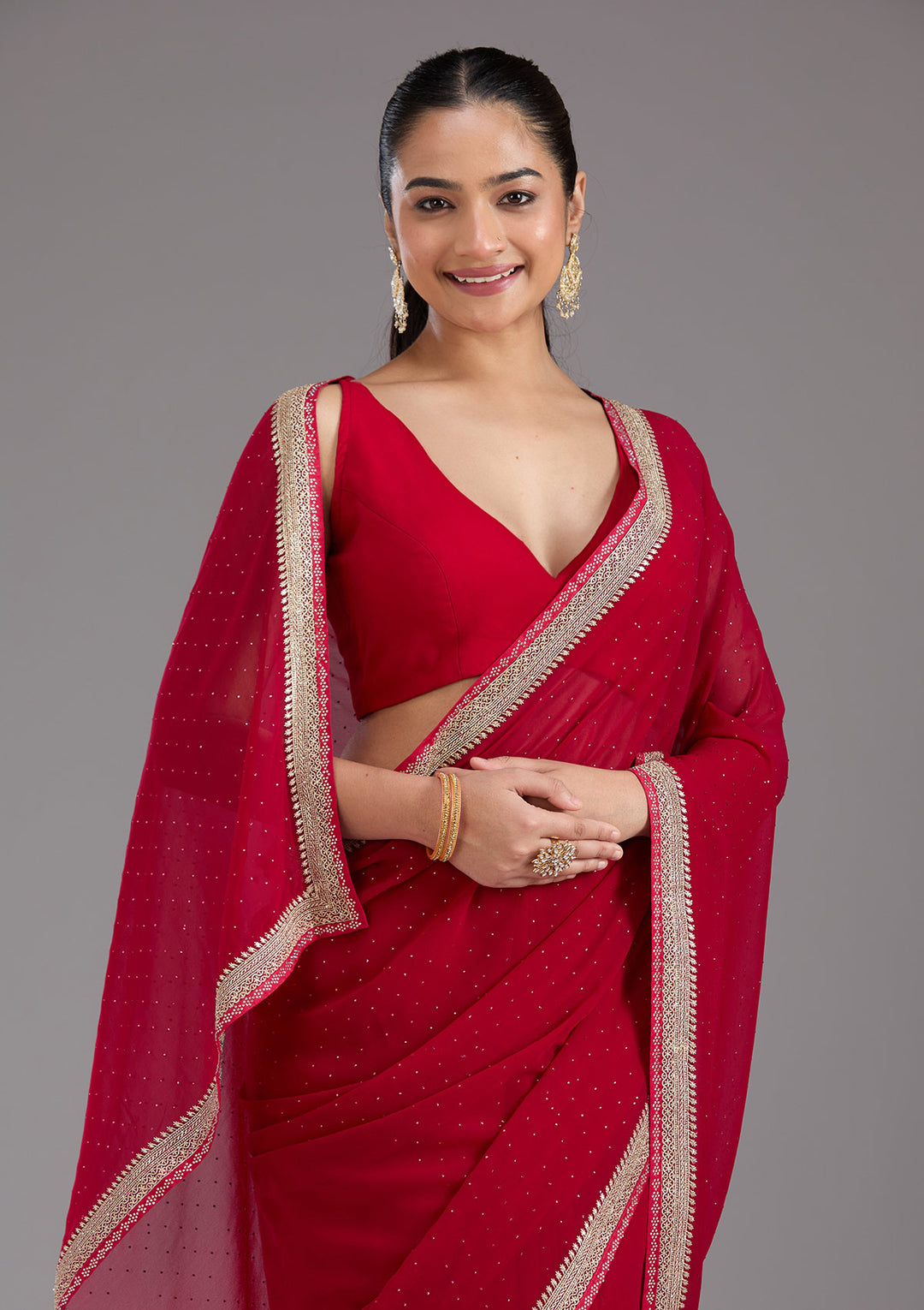 Rani Pink Georgette Silver Zariwork Saree With Matching Blouse Piece