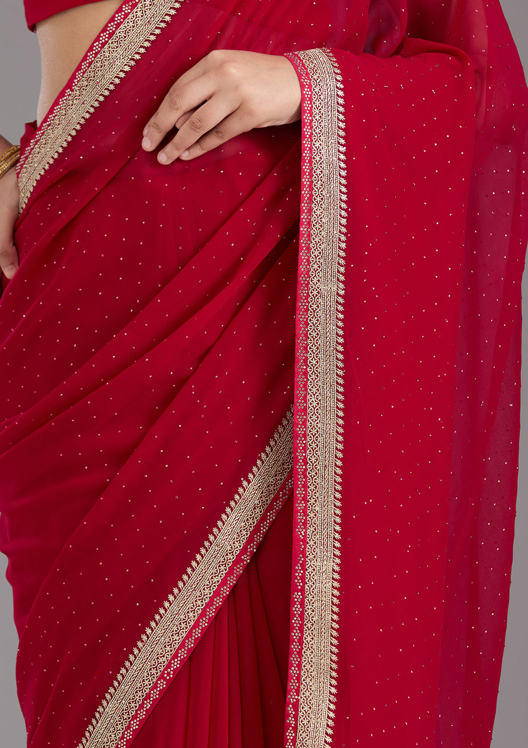 Rani Pink Georgette Silver Zariwork Saree With Matching Blouse Piece