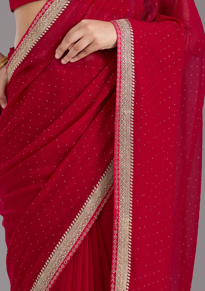 Rani Pink Georgette Silver Zariwork Saree With Matching Blouse Piece