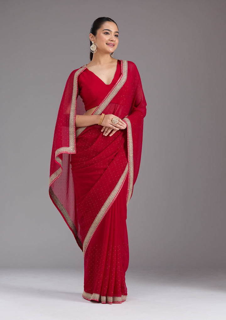 Rani Pink Georgette Silver Zariwork Saree With Matching Blouse Piece