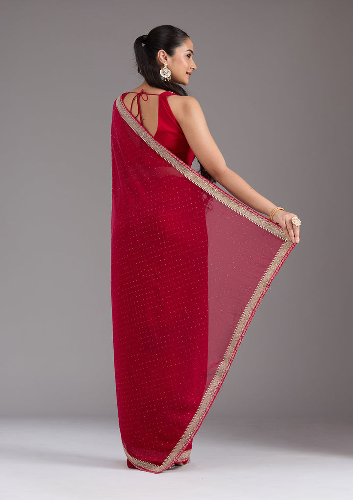 Rani Pink Georgette Silver Zariwork Saree With Matching Blouse Piece