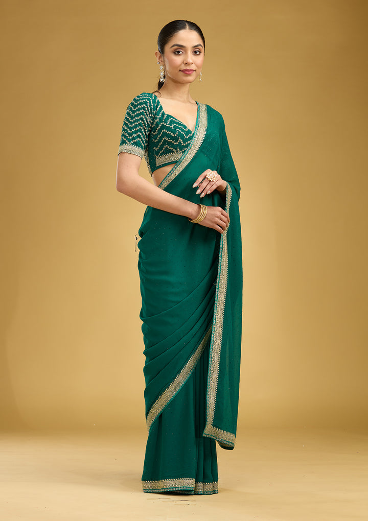 Teal Green Zariwork (Silver) Georgette Saree