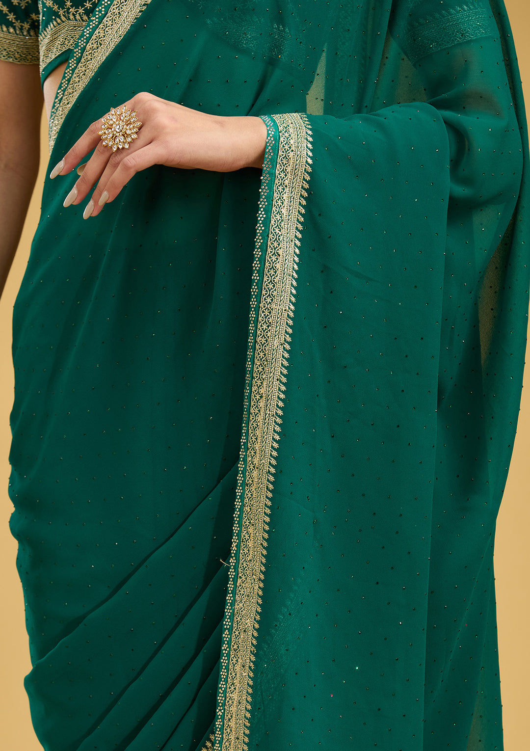 Teal Green Zariwork (Silver) Georgette Saree