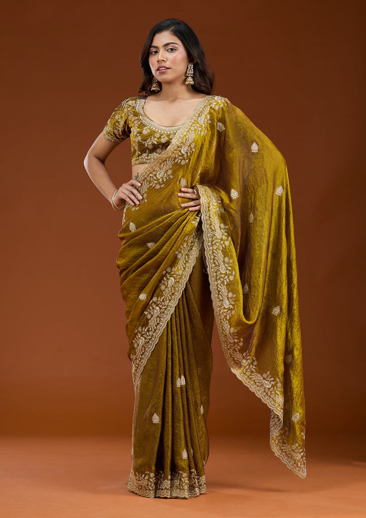 Mustard Zariwork (Gold) Tissue Saree