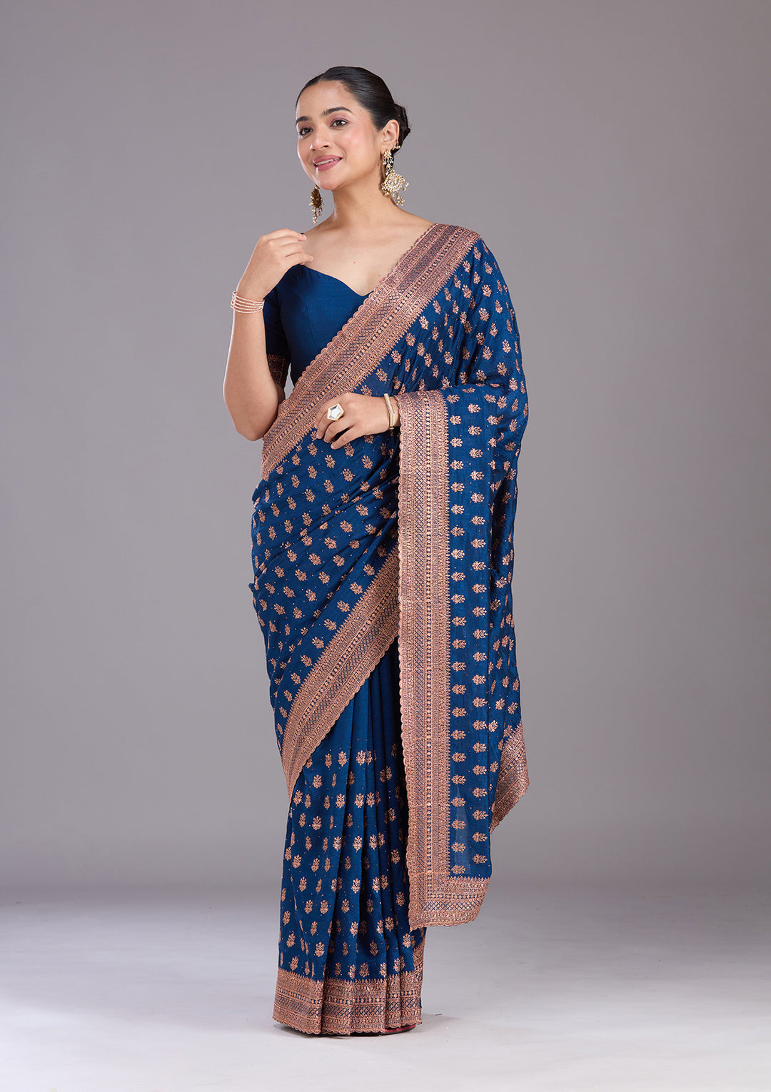 Peacock Blue Soft Raw Silk Antique Zariwork Saree With Matching Blouse Piece
