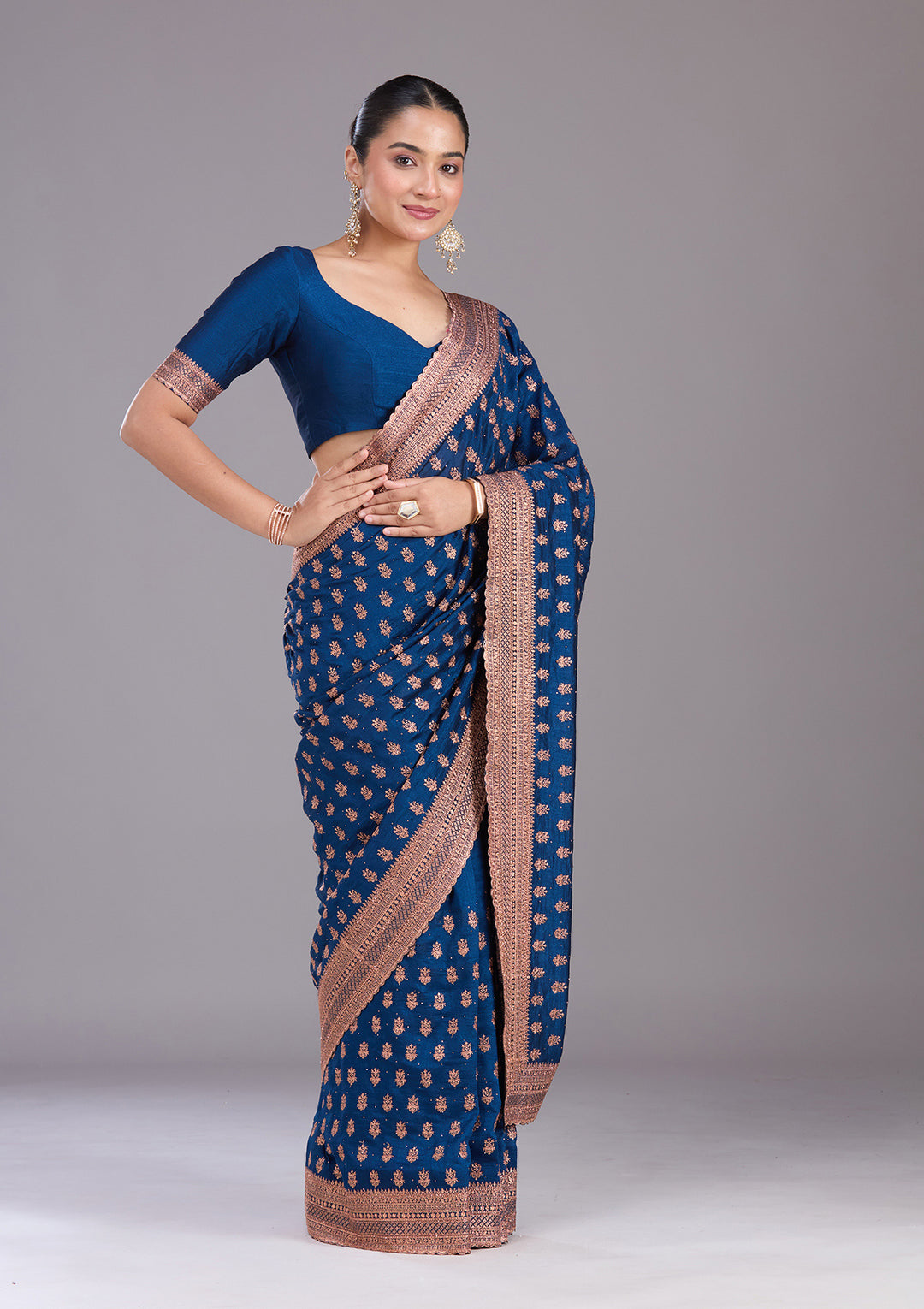 Peacock Blue Soft Raw Silk Antique Zariwork Saree With Matching Blouse Piece