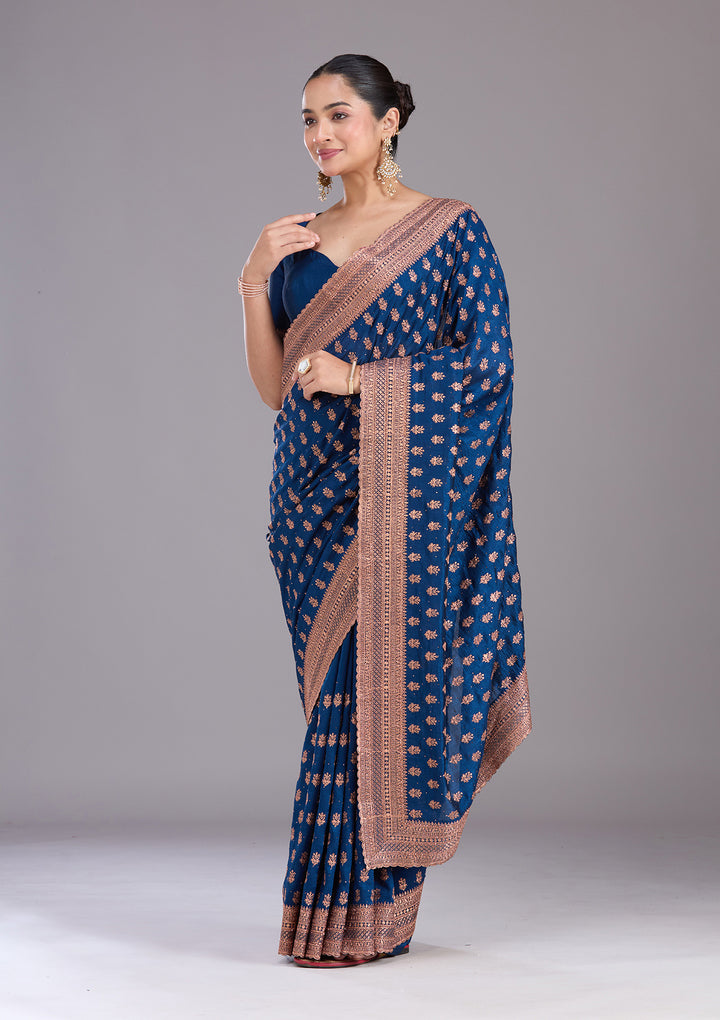 Peacock Blue Soft Raw Silk Antique Zariwork Saree With Matching Blouse Piece