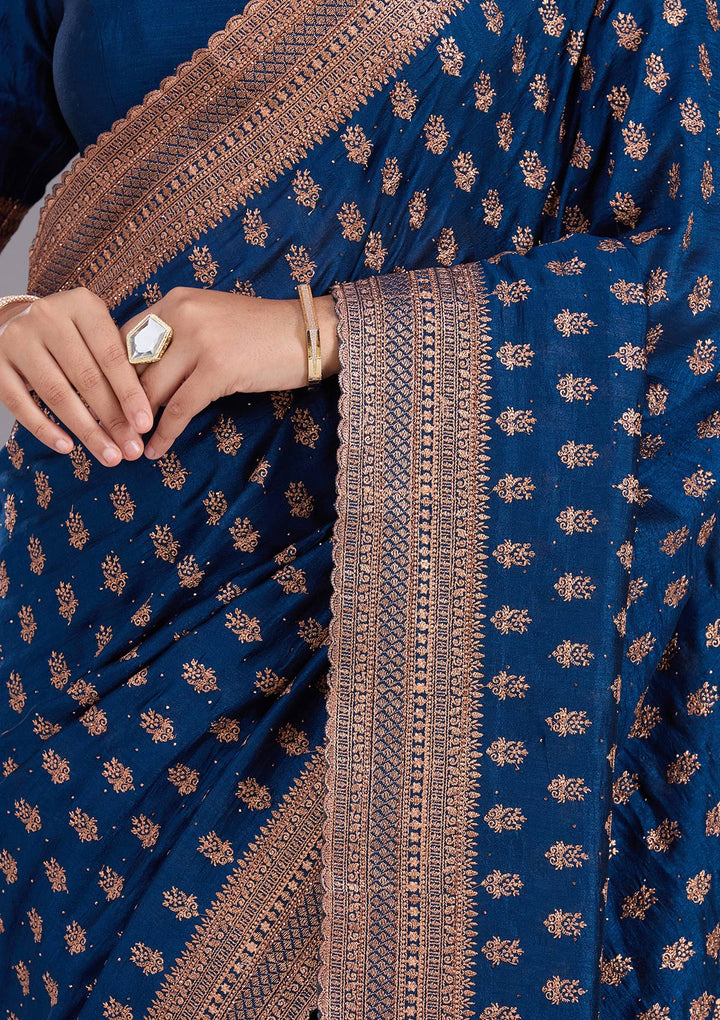 Peacock Blue Soft Raw Silk Antique Zariwork Saree With Matching Blouse Piece