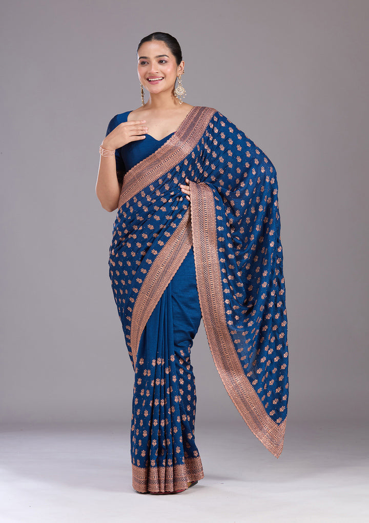 Peacock Blue Soft Raw Silk Antique Zariwork Saree With Matching Blouse Piece