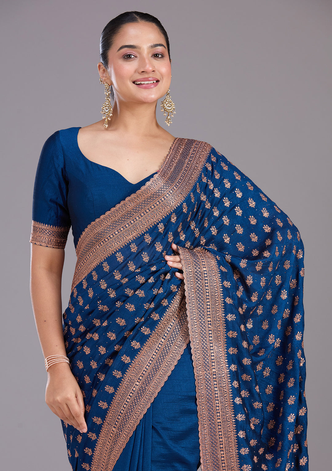 Peacock Blue Soft Raw Silk Antique Zariwork Saree With Matching Blouse Piece