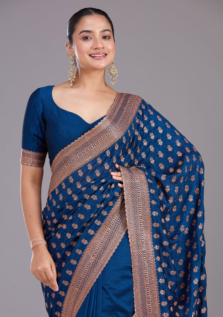 Peacock Blue Soft Raw Silk Antique Zariwork Saree With Matching Blouse Piece