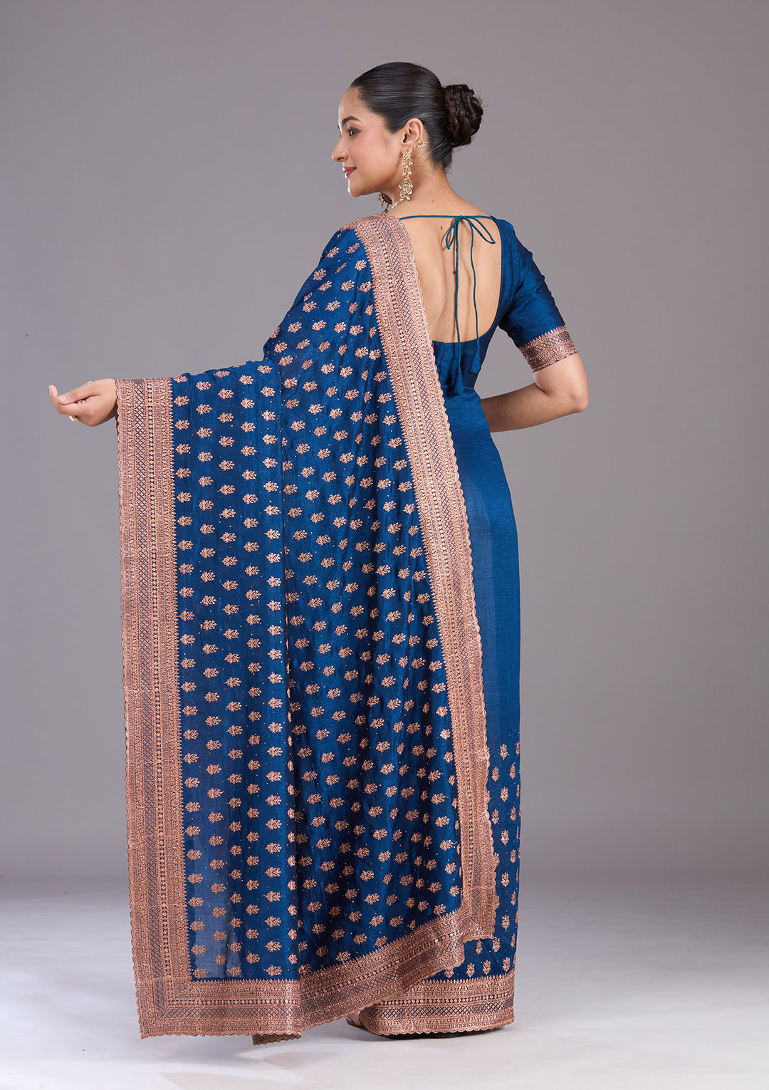 Peacock Blue Soft Raw Silk Antique Zariwork Saree With Matching Blouse Piece