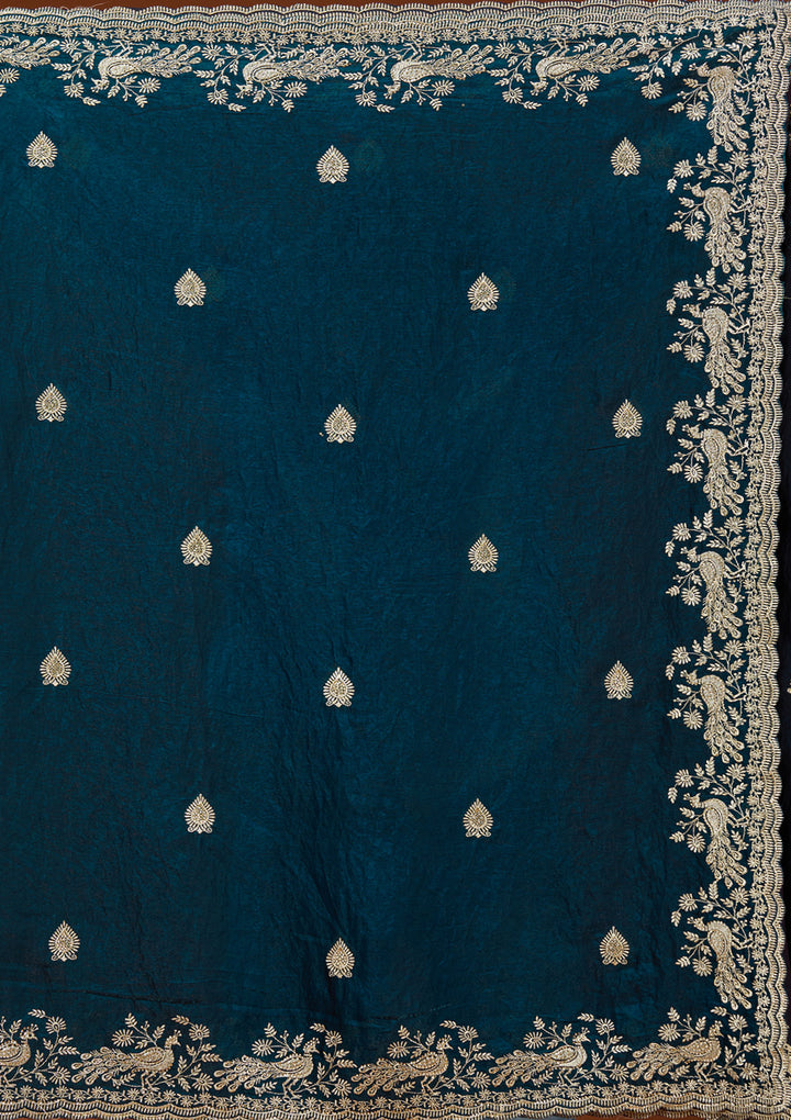 Peacock Blue Tissue Gold Zariwork Saree With Matching Blouse Piece