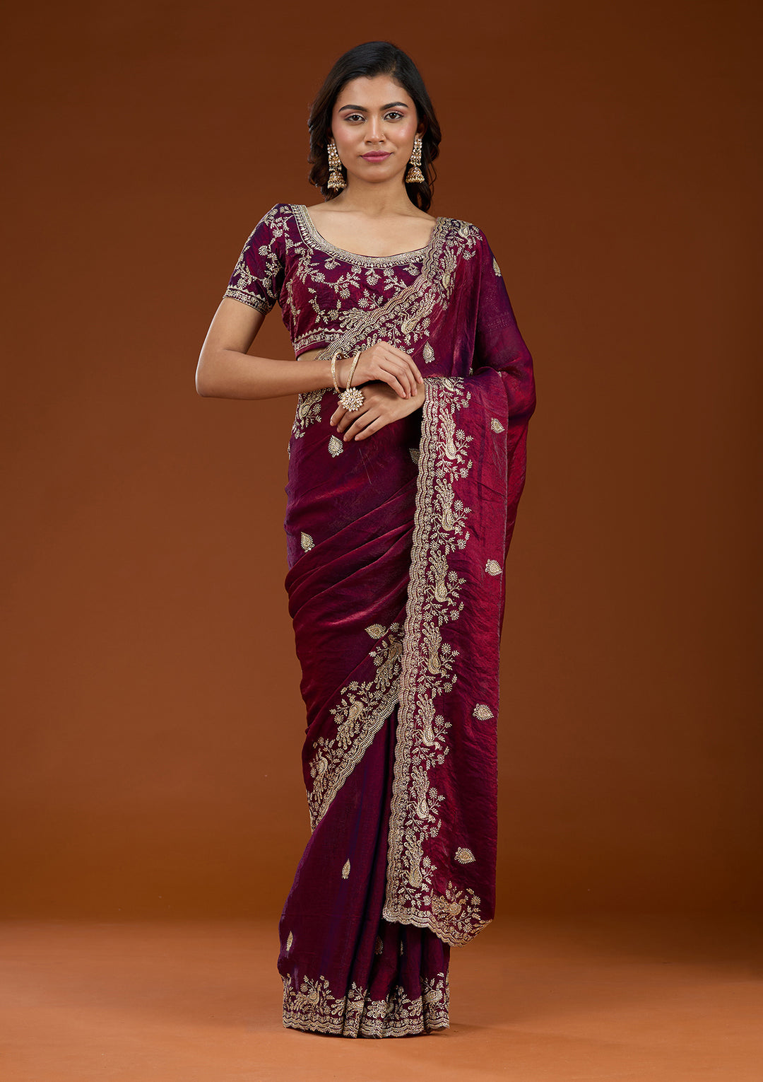 Wine Tissue Gold Zariwork Saree With Matching Blouse Piece