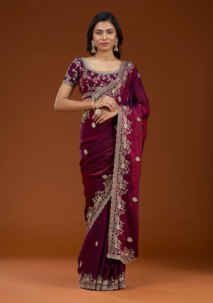 Wine Tissue Gold Zariwork Saree With Matching Blouse Piece