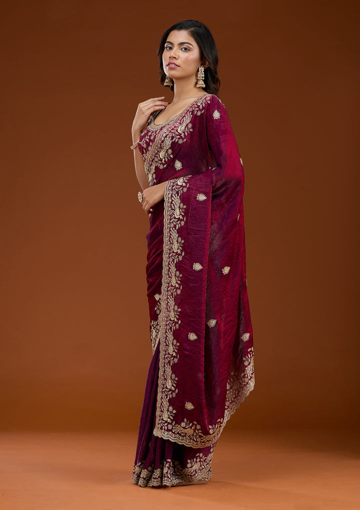 Wine Tissue Gold Zariwork Saree With Matching Blouse Piece