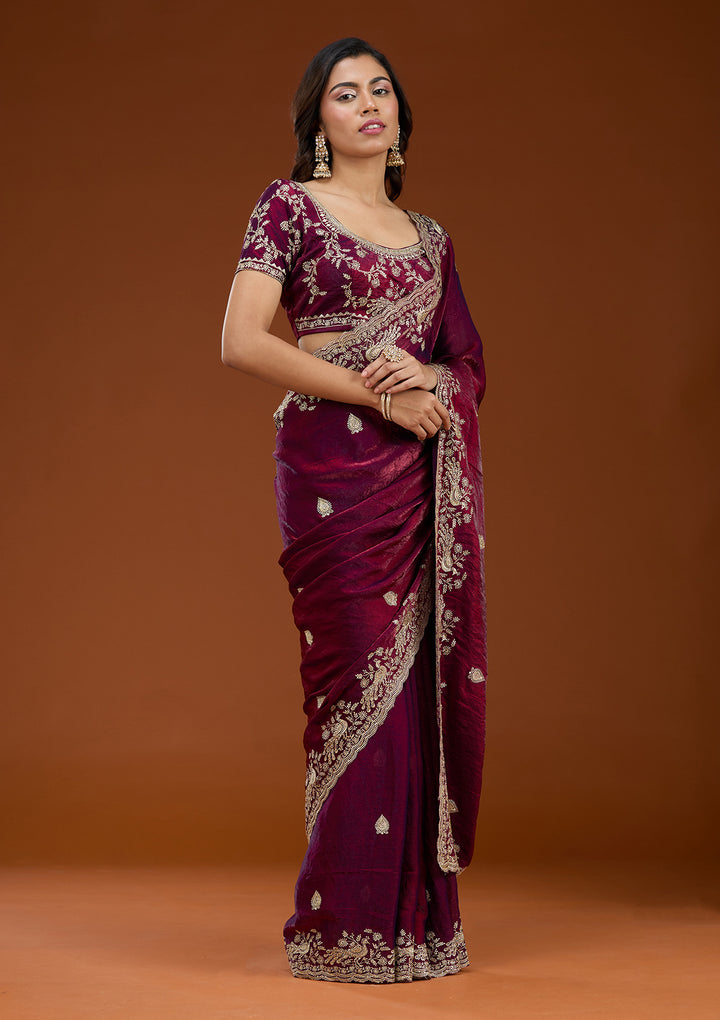 Wine Tissue Gold Zariwork Saree With Matching Blouse Piece