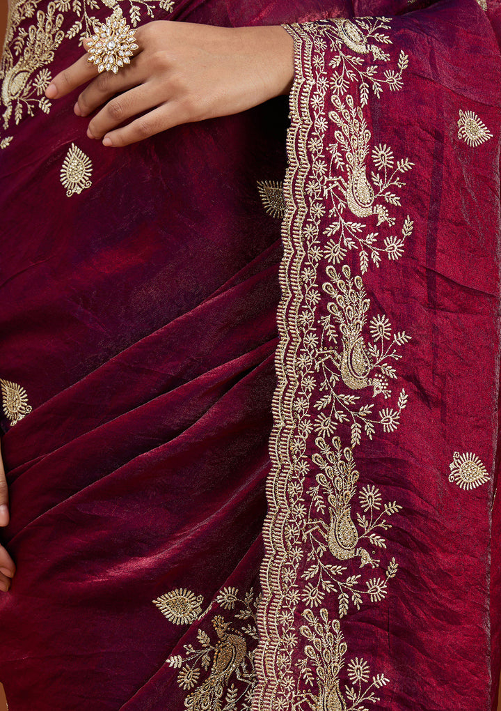 Wine Tissue Gold Zariwork Saree With Matching Blouse Piece
