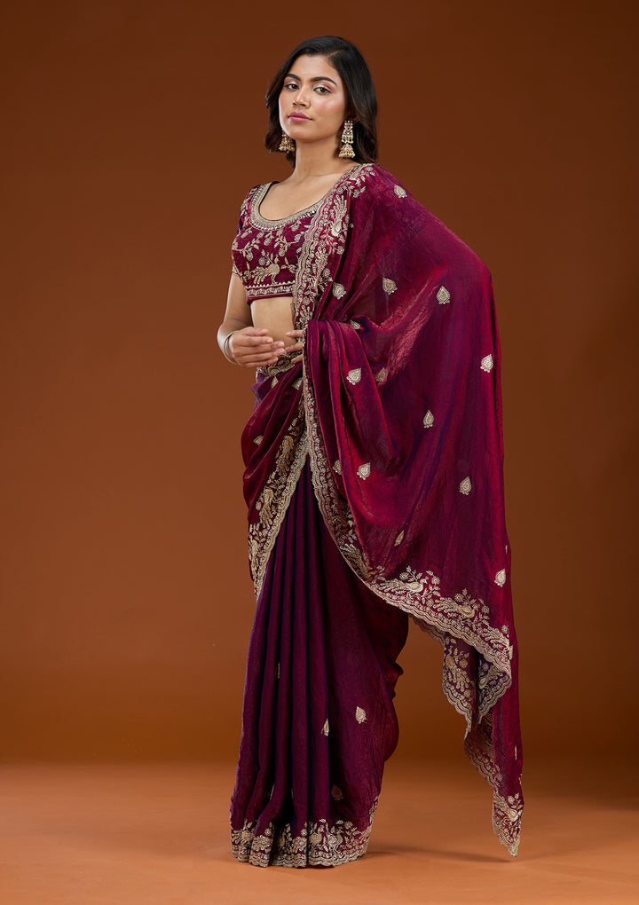 Wine Tissue Gold Zariwork Saree With Matching Blouse Piece
