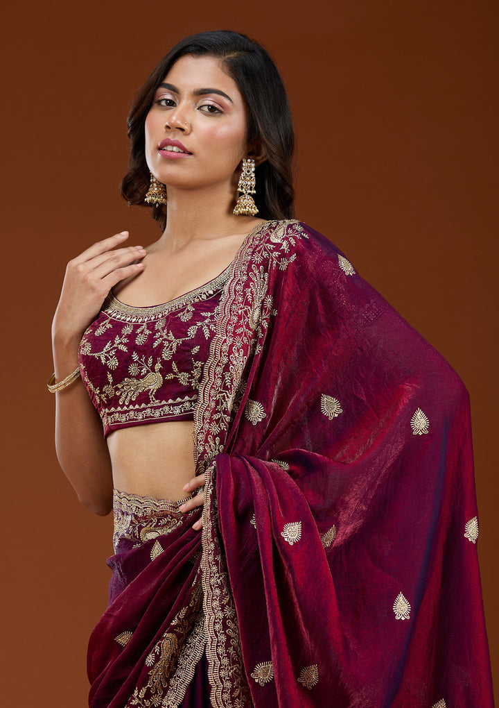 Wine Tissue Gold Zariwork Saree With Matching Blouse Piece