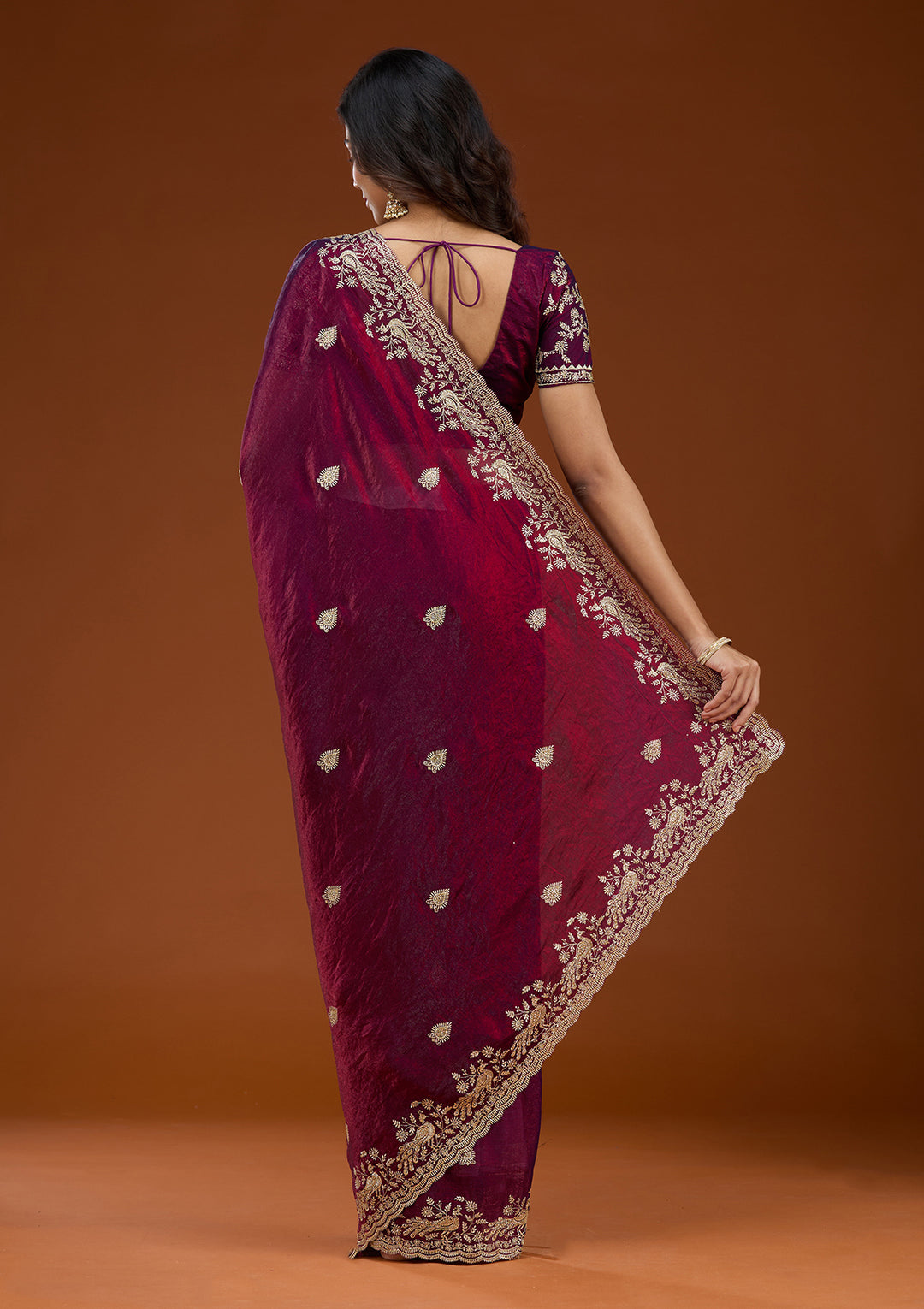 Wine Tissue Gold Zariwork Saree With Matching Blouse Piece