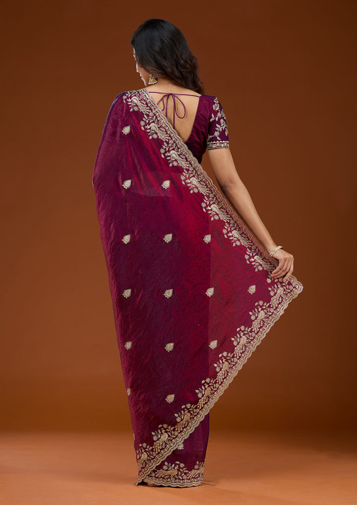 Wine Tissue Gold Zariwork Saree With Matching Blouse Piece