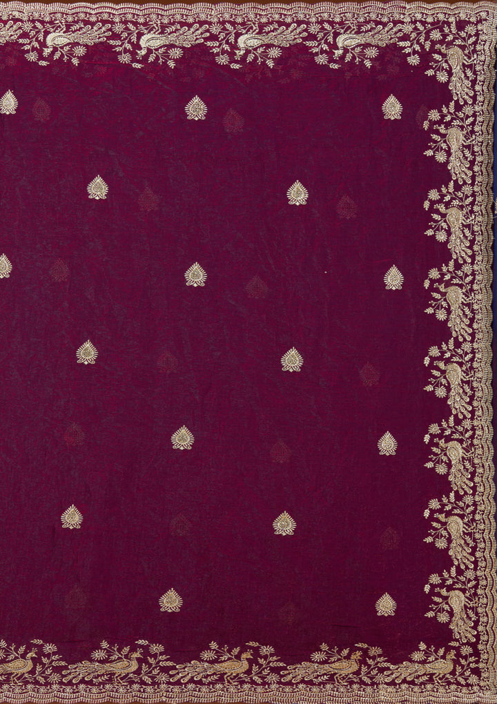 Wine Tissue Gold Zariwork Saree With Matching Blouse Piece