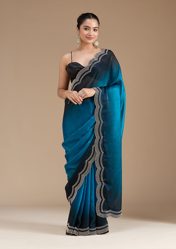 Blue Tissue Gold Stonework Saree With Matching Blouse Piece