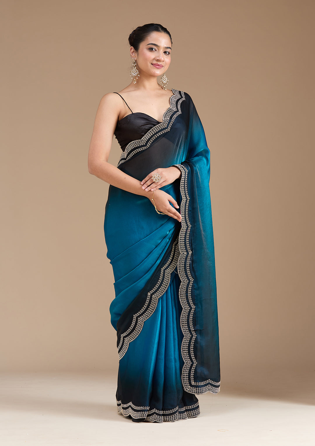 Blue Tissue Gold Stonework Saree With Matching Blouse Piece