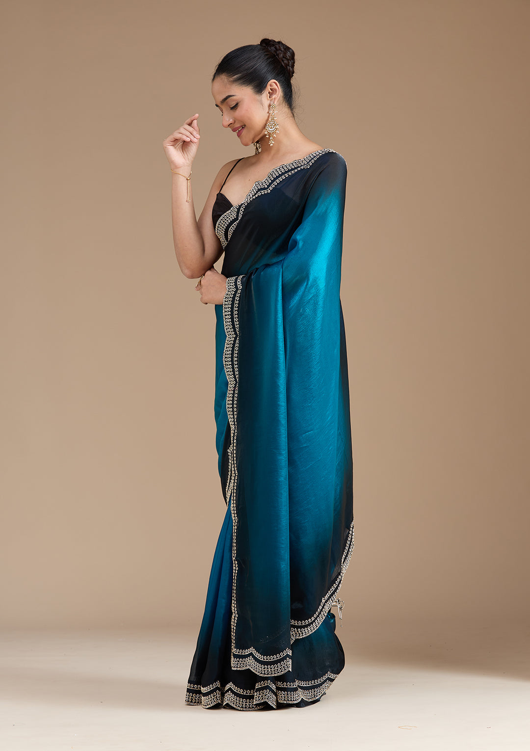 Blue Tissue Gold Stonework Saree With Matching Blouse Piece
