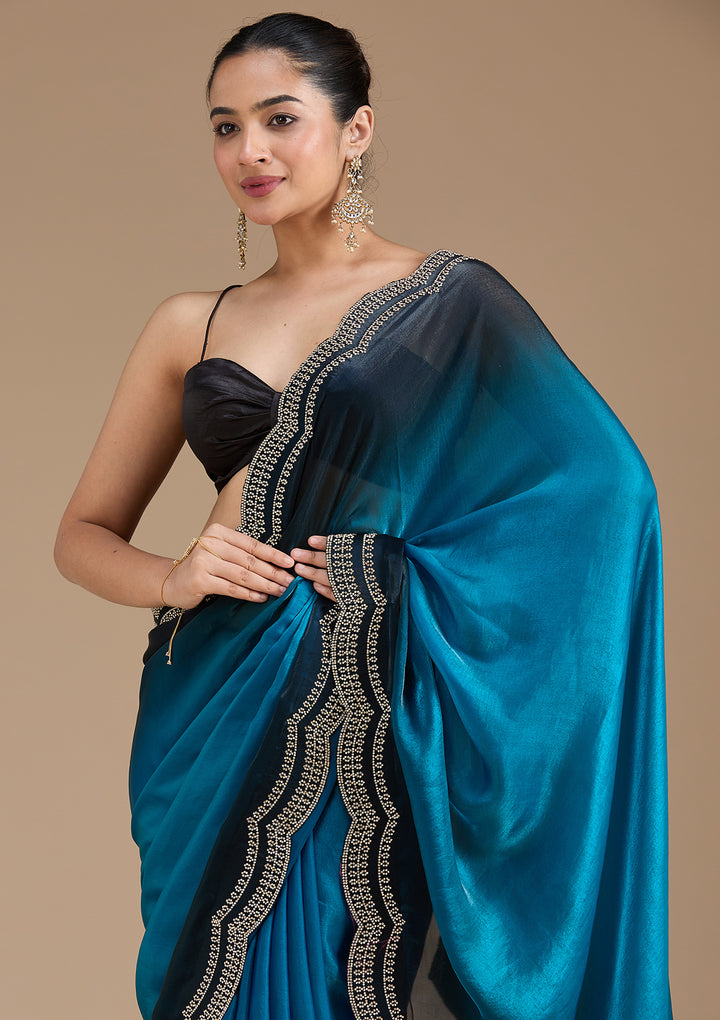 Blue Tissue Gold Stonework Saree With Matching Blouse Piece