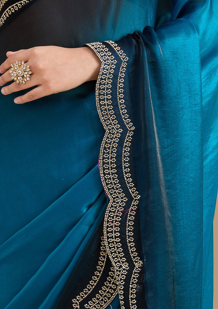Blue Tissue Gold Stonework Saree With Matching Blouse Piece