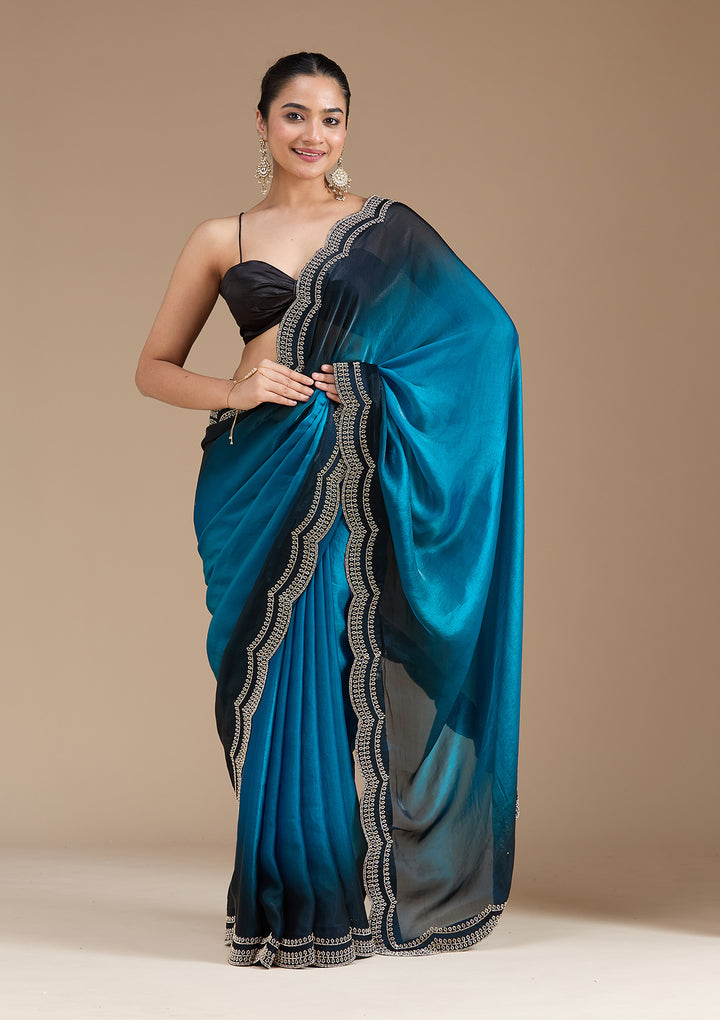 Blue Tissue Gold Stonework Saree With Matching Blouse Piece