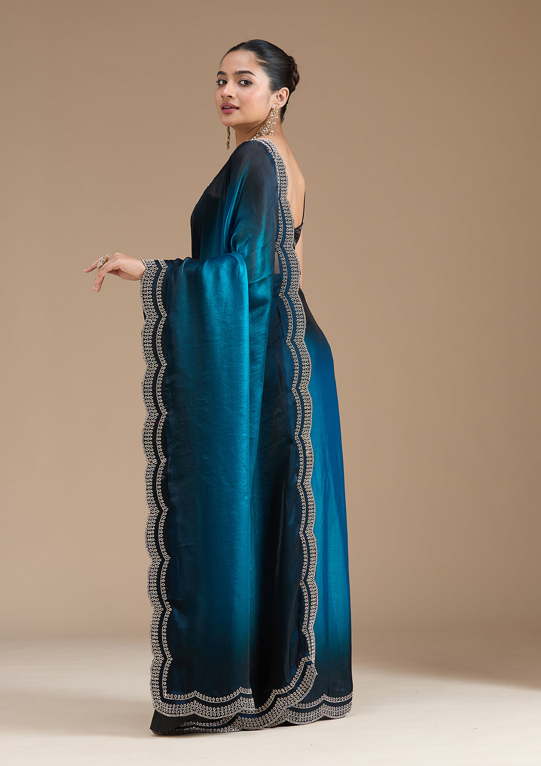 Blue Tissue Gold Stonework Saree With Matching Blouse Piece