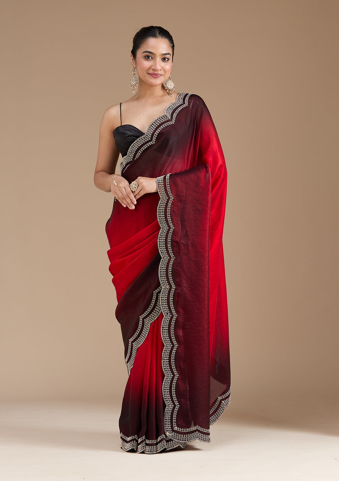 Red Tissue Gold Stonework Saree With Matching Blouse Piece