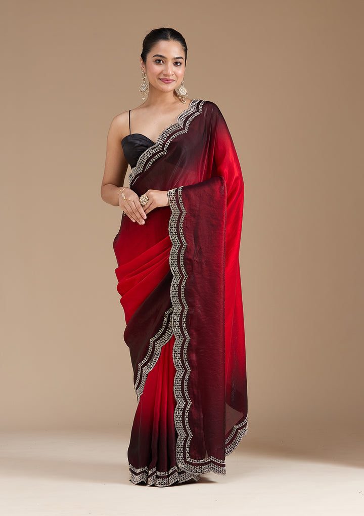 Red Tissue Gold Stonework Saree With Matching Blouse Piece