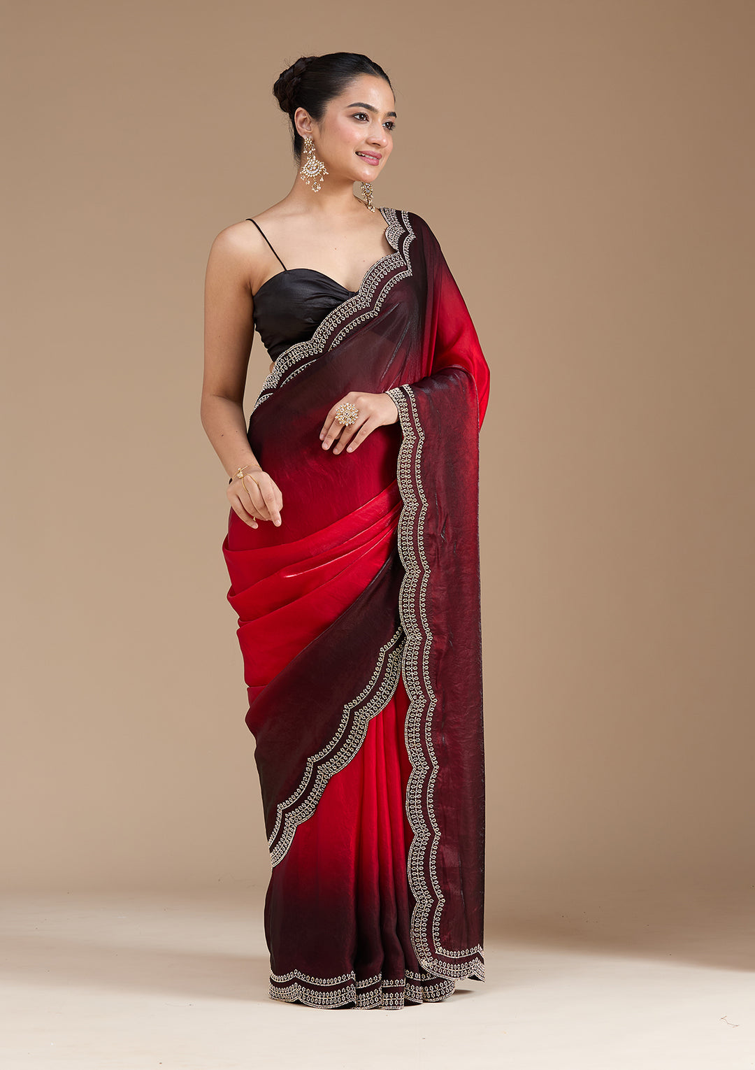 Red Tissue Gold Stonework Saree With Matching Blouse Piece
